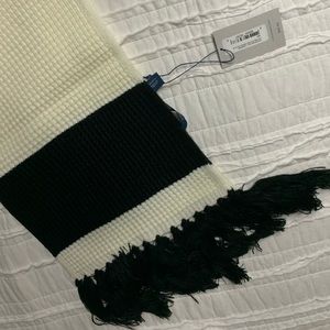 Cole Haan Black & Cream Knit Scarf – Fringe Wrap, NWT
